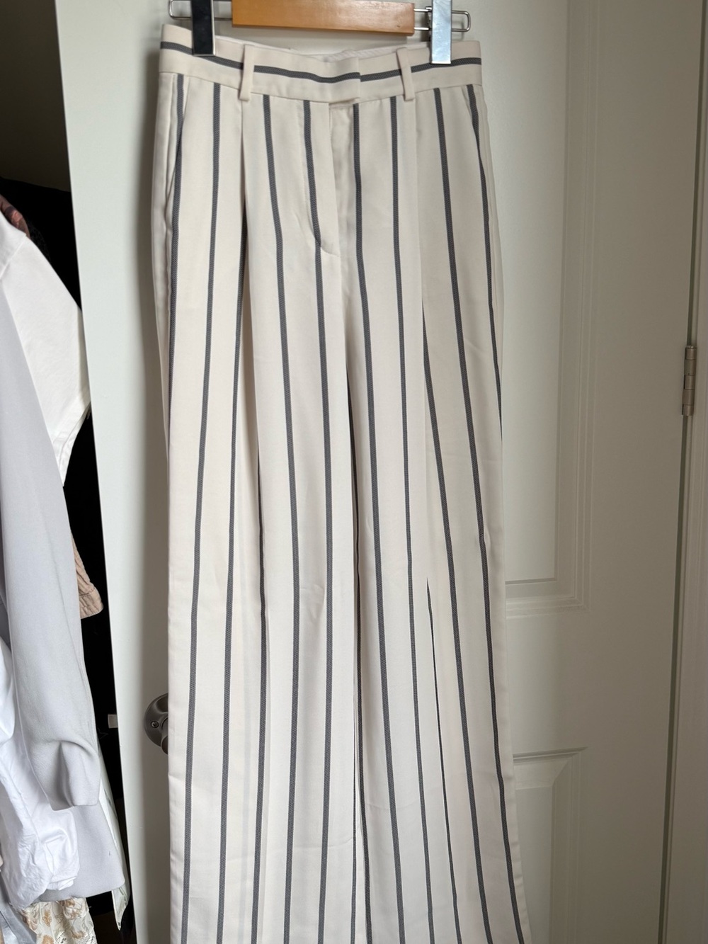 BABATON Cream Wide-Leg Pants with Vertical Gray Stripes